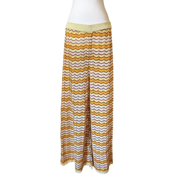 MANGO Knit Pants Chevron Wide Leg Pants Elastic Waist Gold Yellow Casual XL NEW - Picture 8 of 10